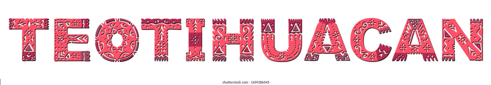 Teotihuacan. Color isolated inscription with national ethnic ornament. Patterned Mexican Teotihuacan for web, booklet, poster, banner, flyer, cards, prints on clothing, t-shirts, satchels. Stock image