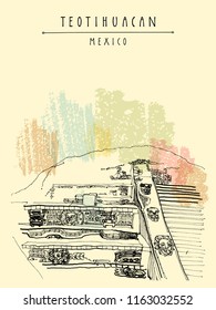 Teotihuacan, Mexico, Latin America. Temple of Quetzalcoatl. Pyramid reliefs. Hand drawn vintage postcard in vector