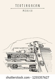 Teotihuacan, Mexico, Latin America. Temple of Quetzalcoatl. Pyramid reliefs. Hand drawn vintage postcard