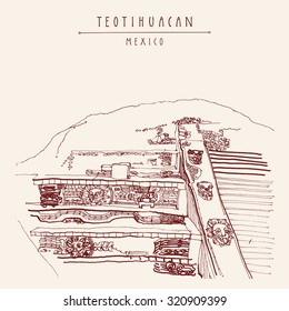 Teotihuacan, Mexico, Latin America. Temple of Quetzalcoatl. Pyramid reliefs. Hand drawn vintage postcard