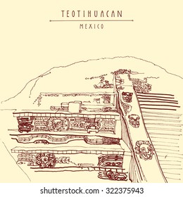 Teotihuacan, Mexico, Latin America. Temple of Quetzalcoatl. Pyramid reliefs. Hand drawn vintage postcard in vector