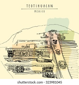 Teotihuacan, Mexico, Latin America. Temple of Quetzalcoatl. Pyramid reliefs. Hand drawn vintage postcard