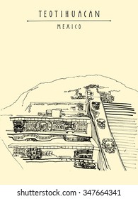 Teotihuacan, Mexico, Latin America. Temple of Quetzalcoatl. Pyramid reliefs. Hand drawn vintage postcard