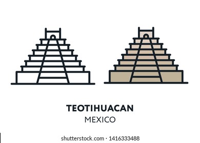 Teotihuacan Pyramid. Maya Mexico Landmark Sight. Vector Flat Line Icon Illustration.