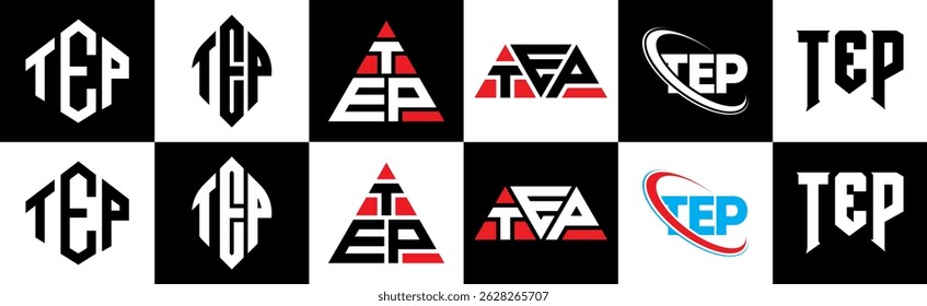 TEP letter logo design in six style. TEP polygon, circle, triangle, hexagon, flat and simple style with black and white color variation letter logo set in one artboard. TEP minimalist and classic logo
