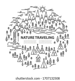 Banner de círculo del campamento de Tepee con lugar para texto. Montañas y ríos, pinos y dos cascadas sobre fondo blanco. Plantilla de estilo de línea para campamento de verano. Ilustración vectorial.