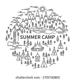 Tepee and huts camp circle banner. Snowy mountains and river, pine tree and two waterfalls landscape on white background. Line style banner for summer camp. Vector illustration.