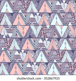 Tepee seamless pattern. Wigwam native american summer tent illustration in vector. Indian background.