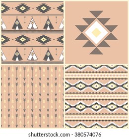 Tepee seamless pattern. Wigwam native american summer tent illustration in vector. Indian background. Tribal, aztec design. Modern handmade aztec wallpaper. vector illustration. pink Collection, set
