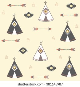 Tepee seamless pattern. Wigwam native american summer tent illustration in vector. Indian background. Tribal, aztec design. Modern handmade aztec wallpaper. vector illustration. tipi