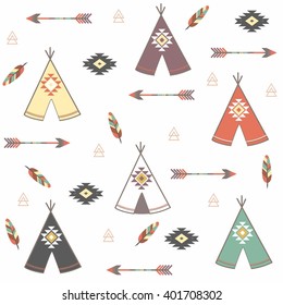 Tepee seamless pattern. Wigwam native american summer tent illustration in vector. Indian background. Tribal, aztec design. Modern handmade aztec wallpaper. vector illustration. tipi