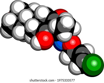 Tepraloxydim herbicide molecule. 3D rendering. Atoms are represented as spheres with conventional color coding: hydrogen (white), carbon (black), nitrogen (blue), oxygen (red), chlorine (green).