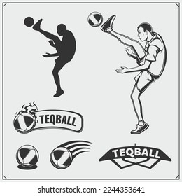 Teqball club labels, emblems, badges, design elements and silhouette of player. Black and white.
