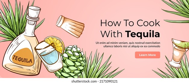 Tequila advertising horizontal internet banner landing page template engraved vector illustration. Mexican traditional alcohol drink lemon salt agave plant tropical detailed ornament gastronomy menu