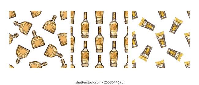 Tequila and-drawn seamless pattern with bottles and glasses 