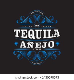 Tequila Anejo Logo. Tequila label. Premium Packaging Design. Lettering Composition and Curlicues Decorative Elements. Baroque Style.