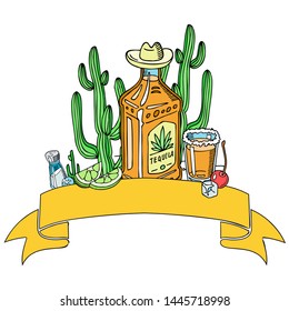 Tequila background banner vector illustration. Glass with sugar and bottle of tequila, salt and slices of lime with cherry and ice cube. Mexican alcohol drink liquid. Cactus plant and blank ribbon