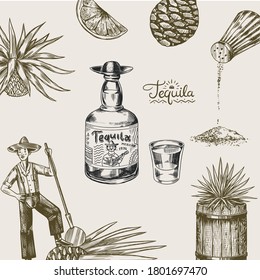 Tequila background. Glass bottle, shot with lime, blue agave Plant, barrel and farmer and harvest. Retro poster or banner. Engraved hand drawn vintage sketch. Woodcut style. Vector illustration.