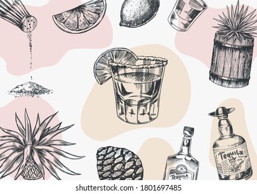 Tequila background. Glass bottle, shot with lime, blue agave Plant and barrel. Retro poster or banner. Engraved hand drawn vintage sketch. Woodcut style. Vector illustration.
