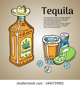 Tequila bar banner, poster vector illustration. Glass with sugar and bottle of tequila, salt and slices of lime with ice cubes. Mexican alcohol drink liquid. Sombrero and cocktail.