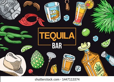 Tequila bar banner vector illustration. Glass with sugar and bottle of tequila, salt and slices of lime with cherry and ice cube. Mexican alcohol drink liquid. Cactus plant and sombrero