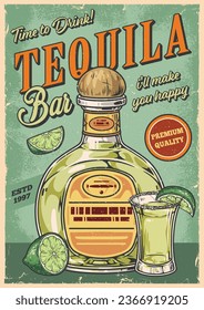 Tequila bar colorful vintage poster with bottle of delicious Mexican drink and shot glass decorated with lime wedge vector illustration