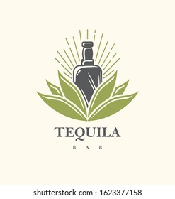 Tequila bar logo design with tequila bottle growing from agave plant. Creative vintage symbol for alcoholic beverage. Vector icon illustration for Mexican drink.