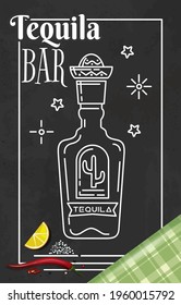 Tequila bar logo design. Label for bar, cafe restaurant in Mexican style with a picture of a bottle of tequila, lemon, salt and red hot pepper. Vector illustration