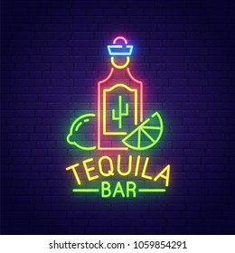 Tequila Bar neon sign, bright signboard, light banner. Mexican pub logo, emblem. Tequila and lime. Vector illustration