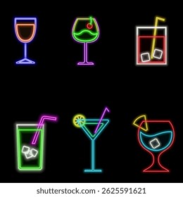 Tequila bar neon sign.Cocktails neon icon set. Cocktails collection neon signs. Mexican alcoholic drinks pub emblem in neon style.