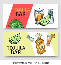 Tequila bar set of banners vector illustration. Glass with sugar and bottle of tequila, salt and slices of lime. Mexican alcohol drink liquid. Sombrero and fruit cocktail.