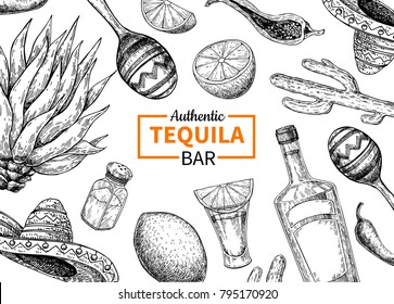 Tequila bar vector label. Mexican alcohol drink  drawing. Bottle, shot glass, salt shaker, lime, agave frame sketch. Engraved illustration for restaurant menu, brochure, template.