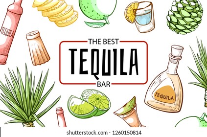 Tequila the best refreshment bar and beverage banner. Distilled beverage and type of alcoholic drink made from the blue agave plant. Vector hand drawn illustration on white background