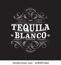 Tequila Blanco Logo. Tequila Blanco label. Premium Packaging Design. Lettering Composition and Curlicues Decorative Elements. Baroque Style.