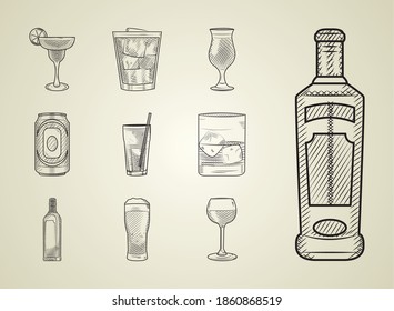 tequila bottle and alcoholic drinks icon set over white background, sketch style, vector illustration