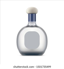 Tequila bottle with blank label. Mexican drink in glassware lid. Silver or white beverage with clear front, Alcohol liquid close up. Booze in container. Distilled gin or salt vodka. Pub and bar