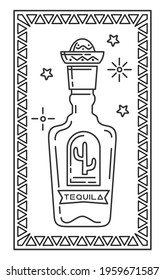 Tequila bottle with a cactus on the label and a Mexican sombrero cap. Tequila line icon. Vector illustration
