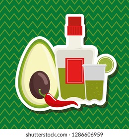 tequila bottle with chili and avocado to day of the dead