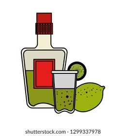 tequila bottle with cup and lemon