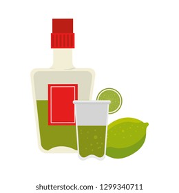 tequila bottle with cup and lemon