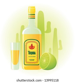 Tequila bottle with cup and lime