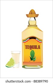 Tequila bottle with cup and lime on wite background. Vector