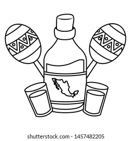 tequila bottle with cups and maracas vector illustration design