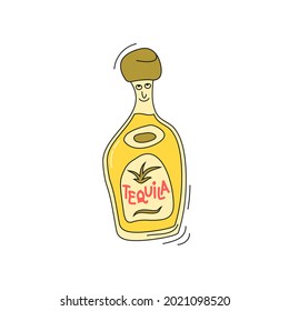 Botella de tequila con sonrisa en el fondo blanco. Diseño gráfico de dibujos animados vectores. Carácter de garabato con línea de contorno negro. Cálido matraz dibujado a mano. El concepto de las bebidas de fiesta. Estilo de dibujo a mano libre
