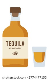 Tequila bottle and a filled shot glass, agave azul label, ready for a toast or celebration.