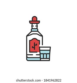 Tequila bottle and glass color line icon. Alcoholic beverages. Pictogram for web page, mobile app, promo. UI/UX/GUI design element. Editable stroke.