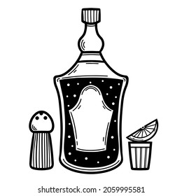 Tequila bottle, glass with drink, salt vector set. Hand drawn doodle. Alcoholic agave cocktail, shot with a slice of lime. Monochrome concept for decoration, design of pub, bar, cafe, label