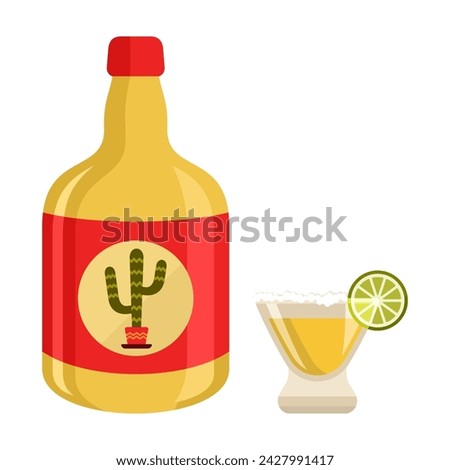 Tequila bottle and glass with drink and slice of lime and salt