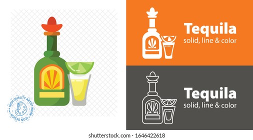 tequila bottle with glass flat design. vector illustration.