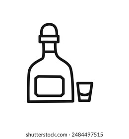 Tequila bottle and glass icon linear vector graphics sign